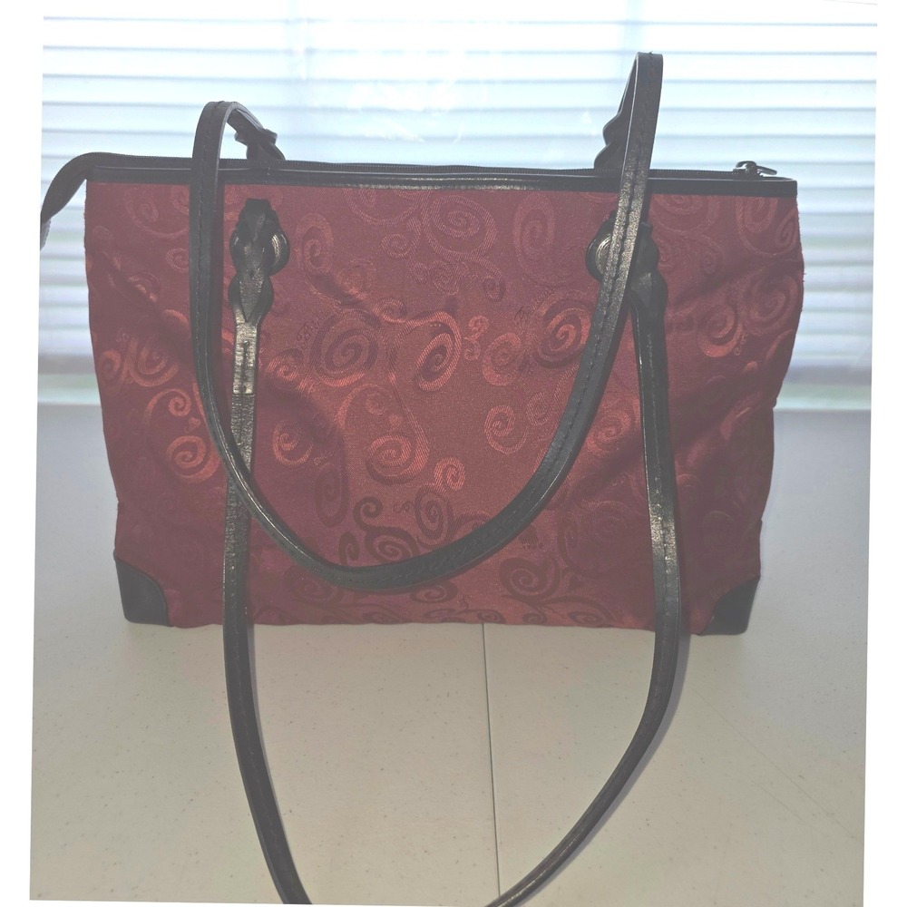 Brighton Evelyn Burgundy Red Swirl Jacquard Tote Bag Leather Straps Brand Script